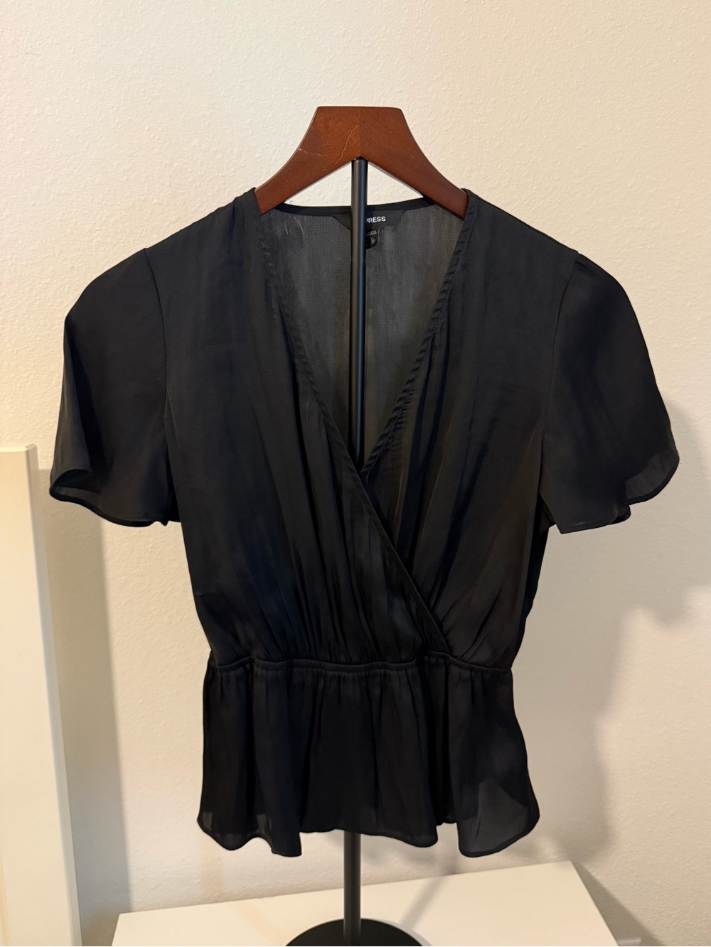 Express Black Surplice Peplum Top with Flutter Sleeves